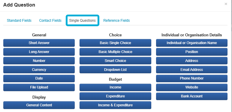The Add Question window from the form editor, with Single Questions selected. 