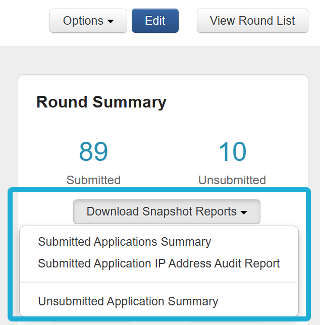 Highlighting the Download Snapshot Reports button from the Round page.