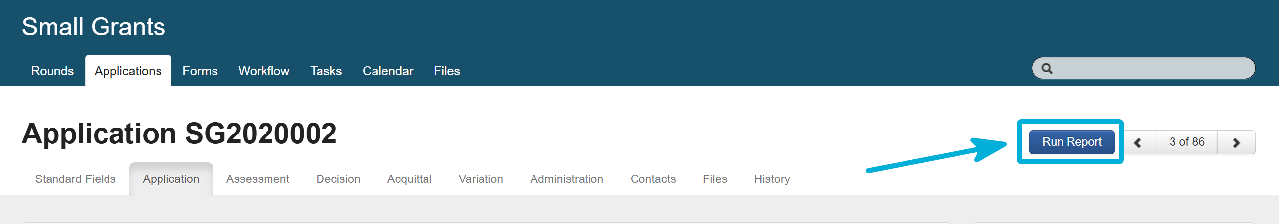 View of an application record, with the Run Report button highlighted.