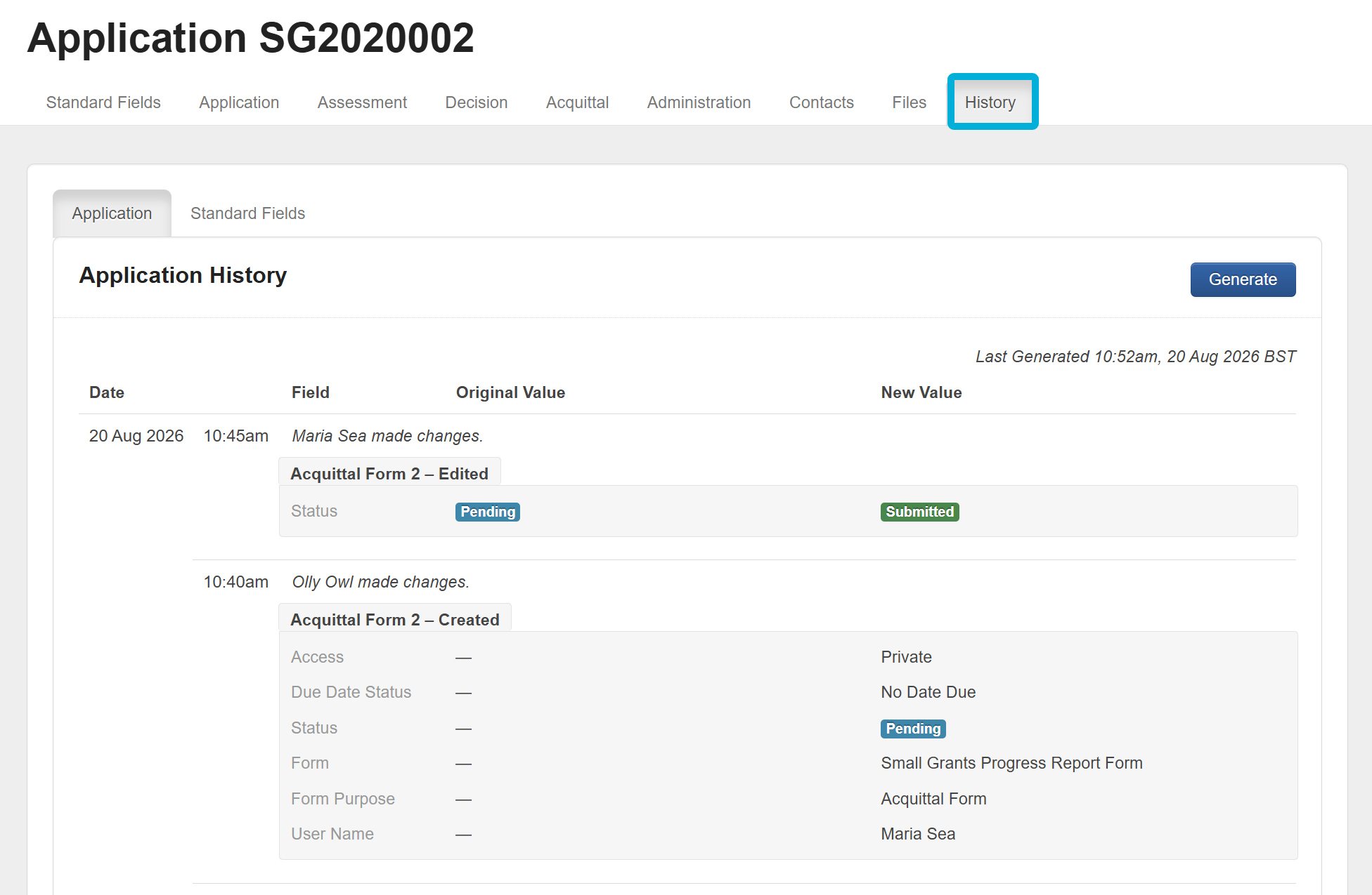 Highlighting the History navigation tab, with the Application History visible.