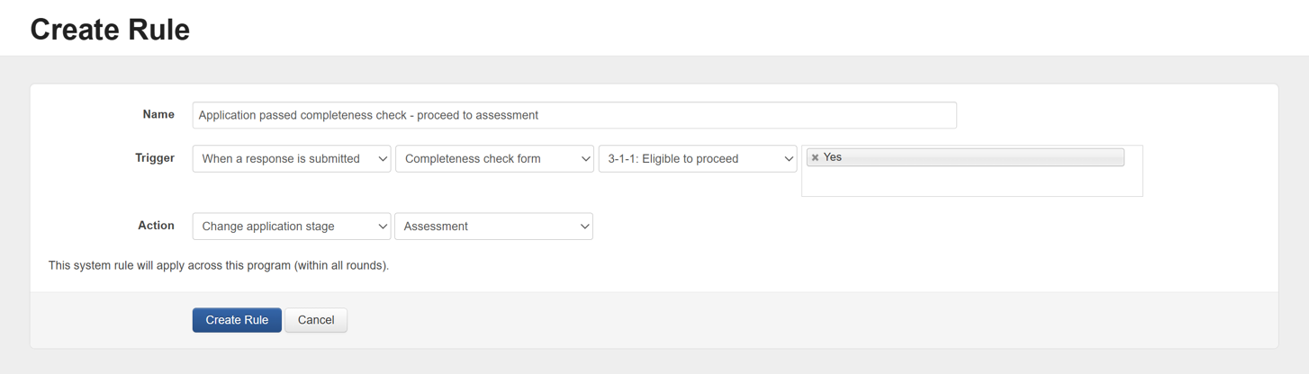 View of the Create Rule screen, with the previously mentioned rule criteria shown.