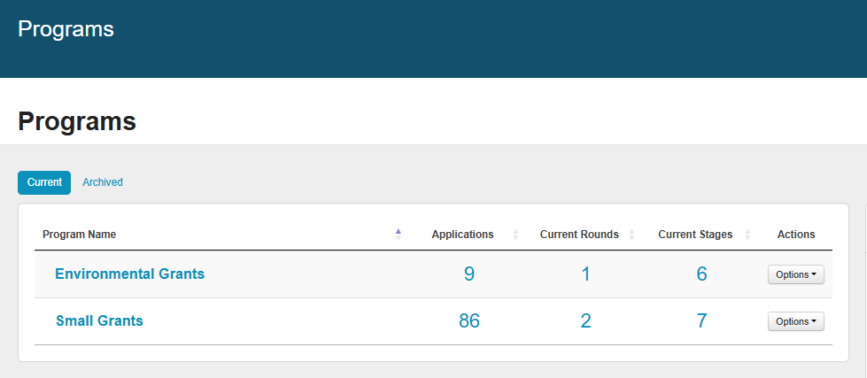 System view of the Programs page.