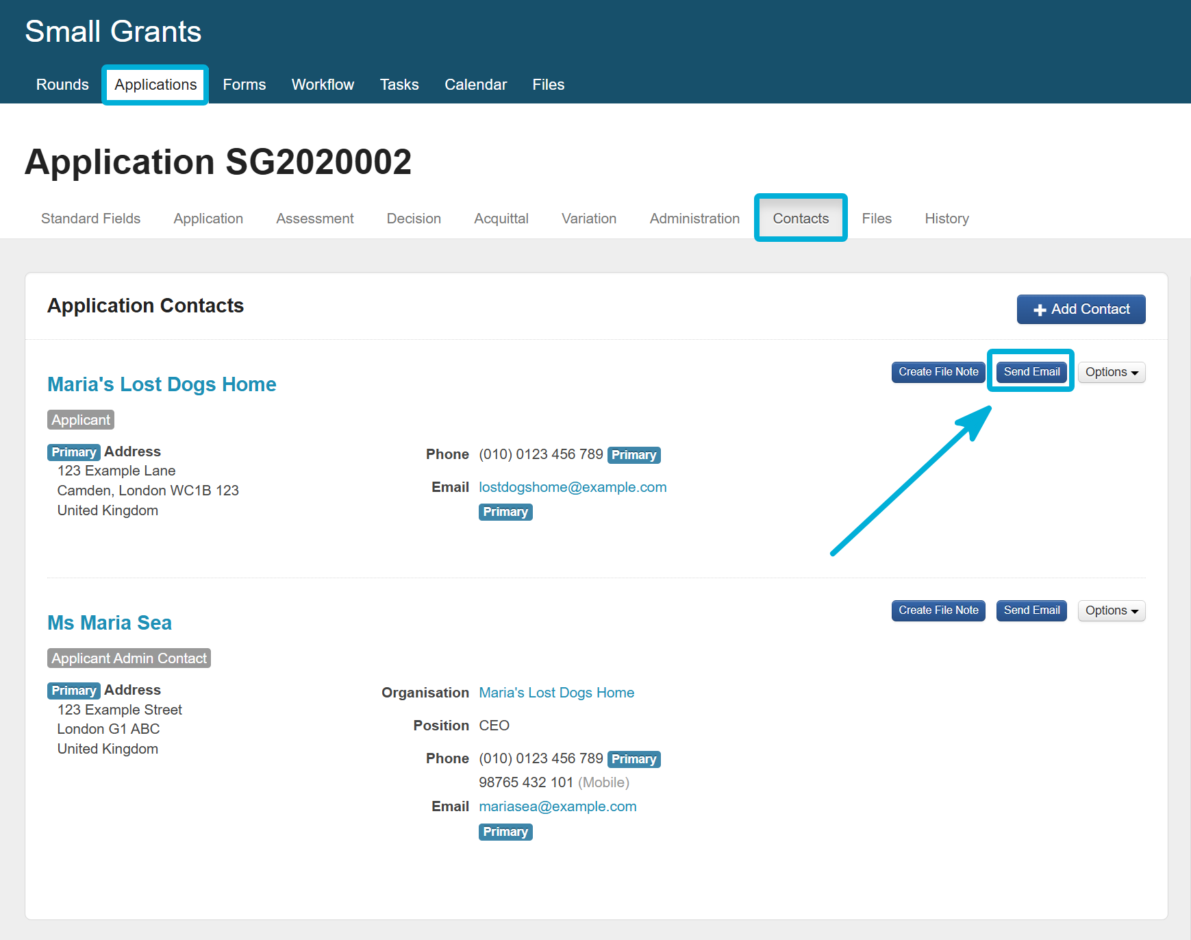 Highlighting the Send Email button from the Contacts tab of an application.
