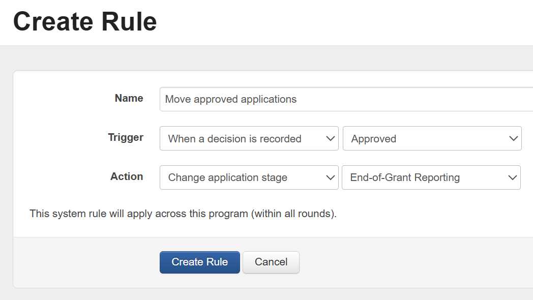 View of the Create Rule screen, with the previously mentioned rule criteria shown.