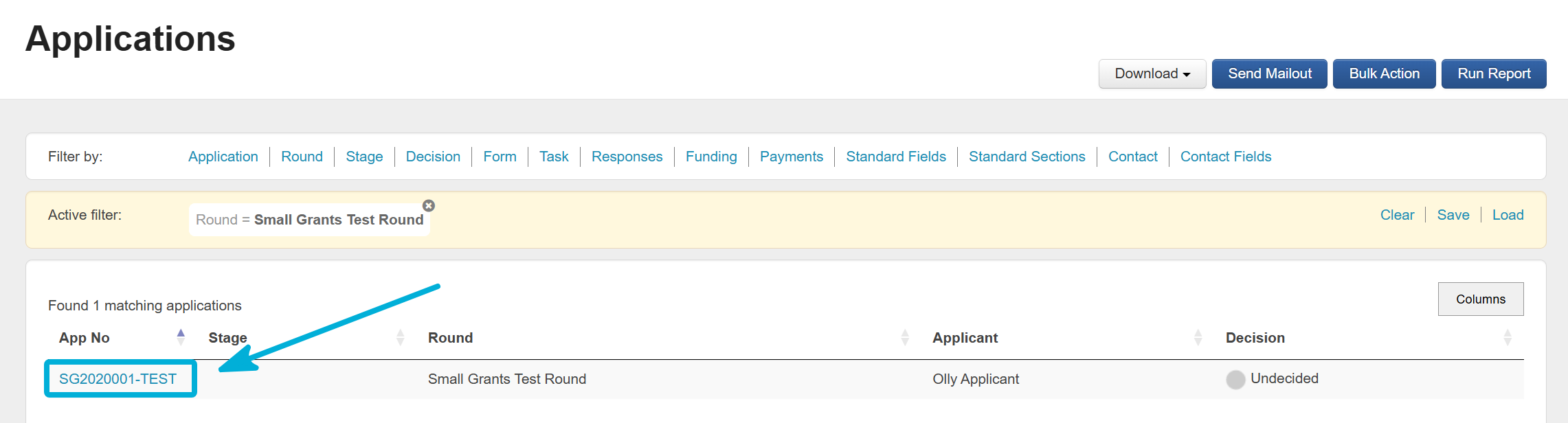 Highlighting a test application listed in the Applications view.