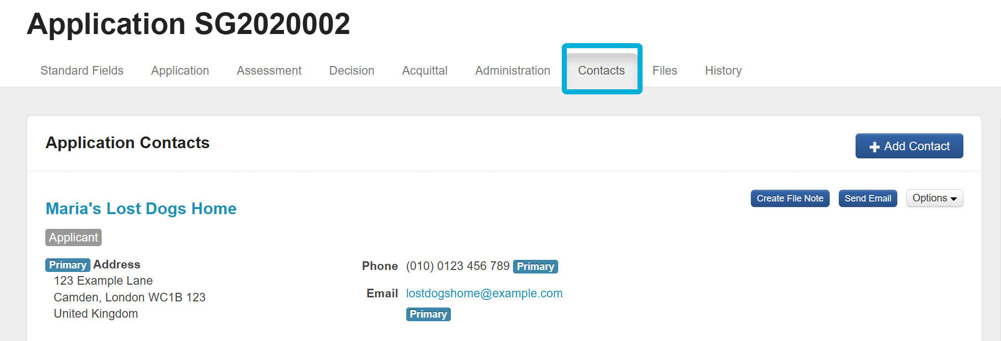 Highlighting the Contacts navigation tab, and the Application Contacts view.