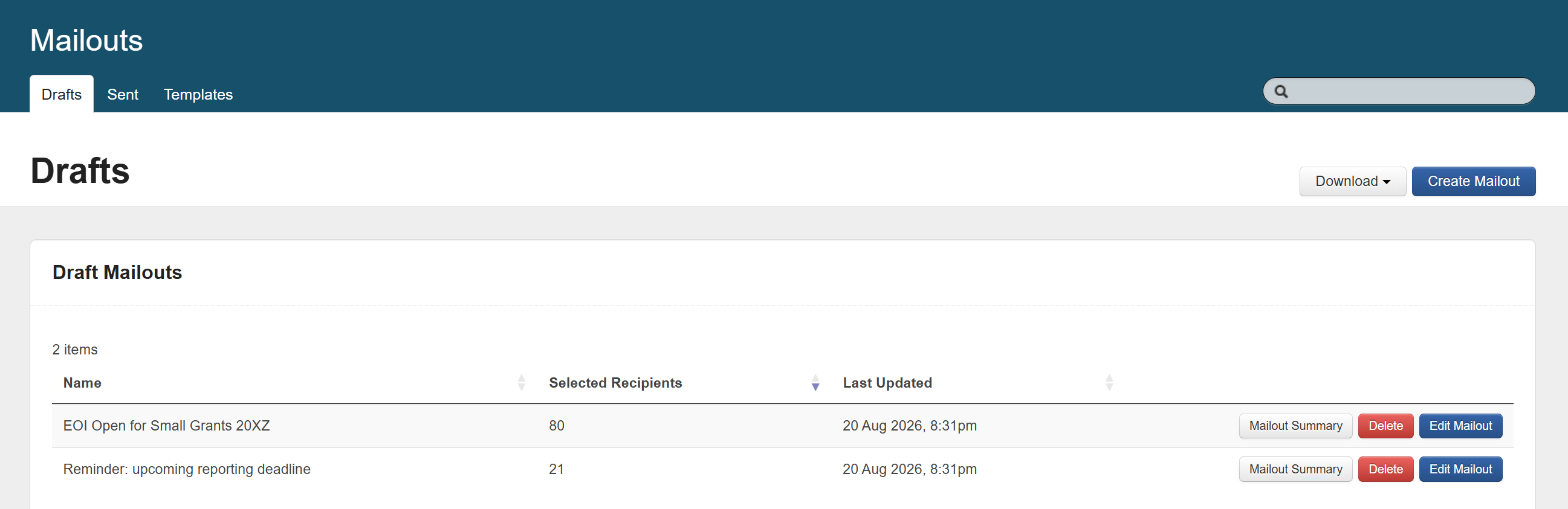 System view of the Mailout page.