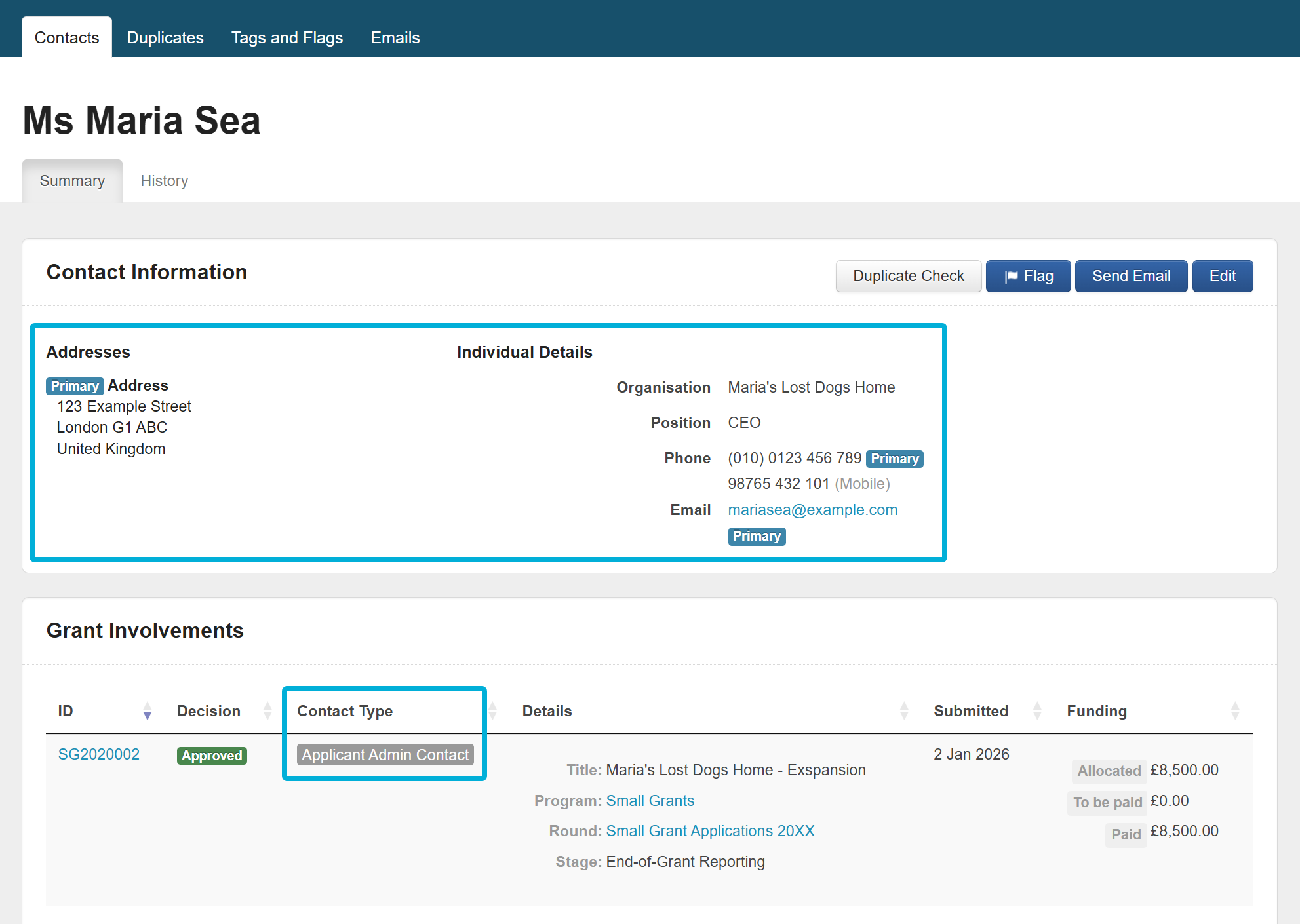An example contact record. Highlighted is the Contact Information section, which is sourced from contact fields. Under Grant Involvement, Contact Type is highlighted, sourced from Contact Type.
