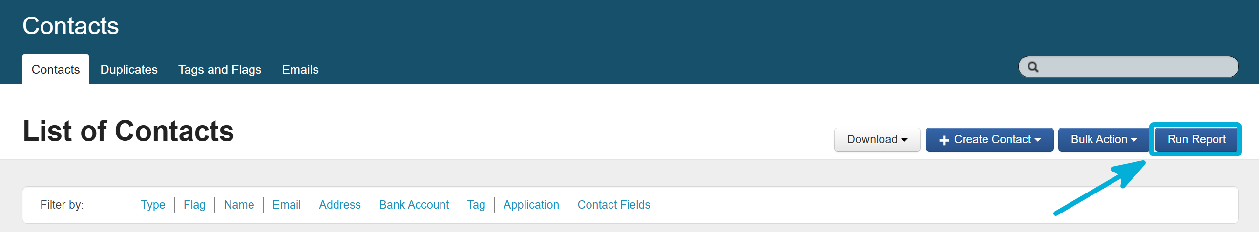 System view of the Contacts page,  with the Run Report button highlighted.