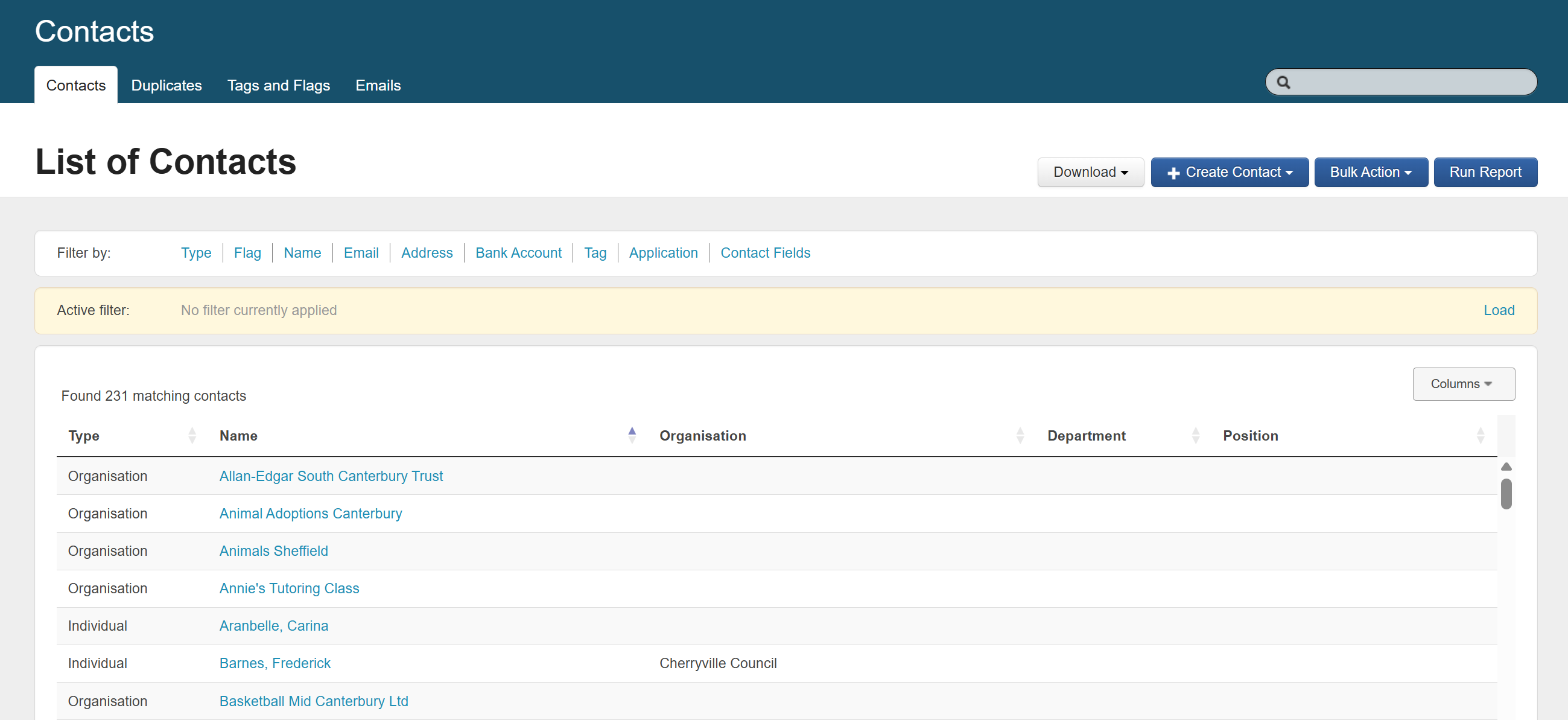 System view of the Contacts page.