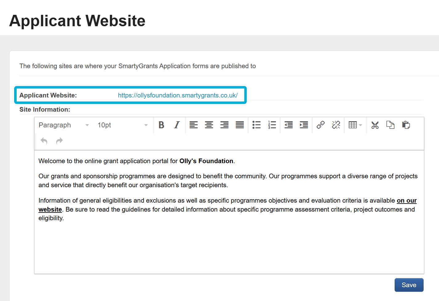 Highlighting the Applicant Website URL.