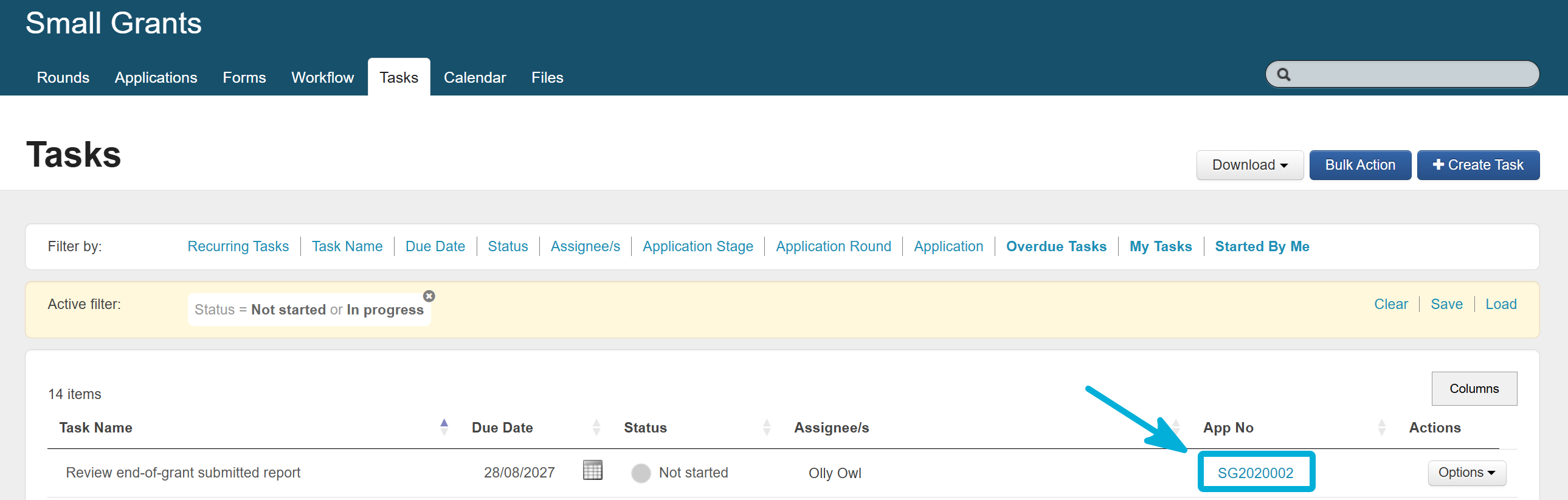 Highlighting the example application SG20200002 from a specific listed task.