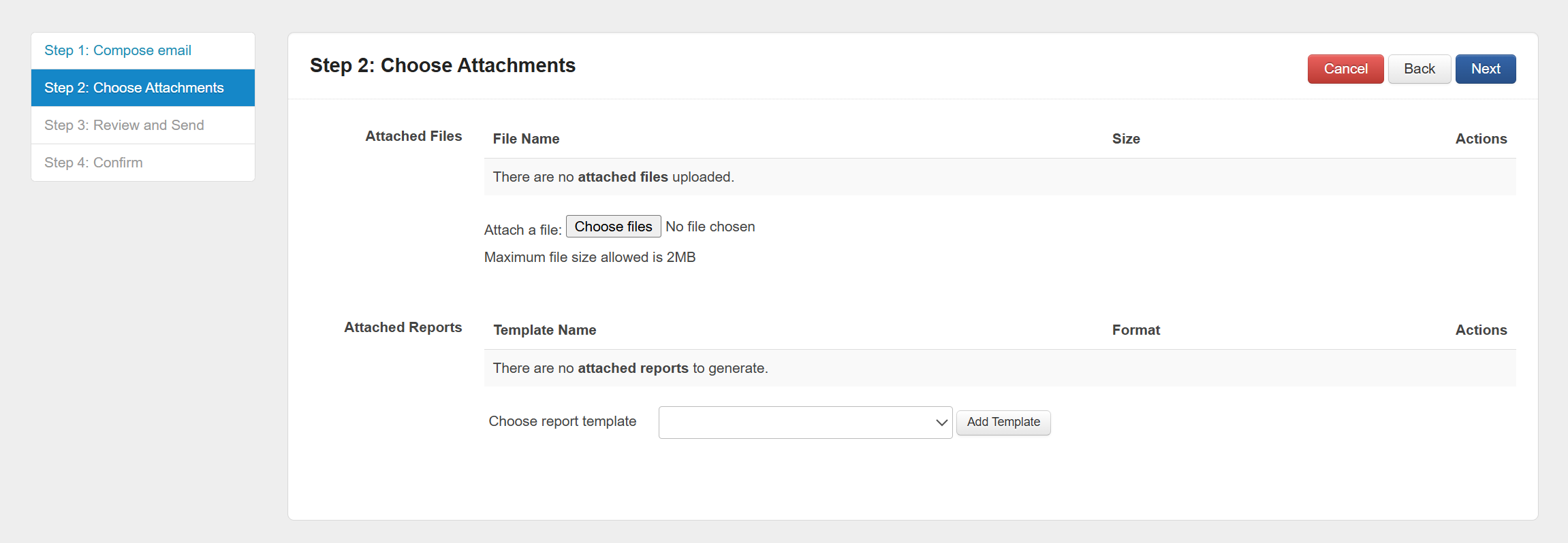 The 'Step 2 - Choose Attachments' screen.