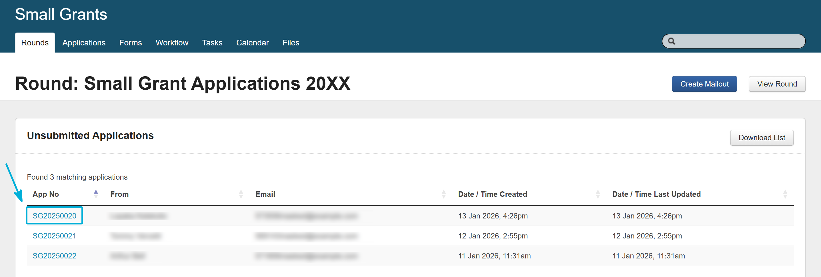 Highlighting an Application ID in the list of Unsubmitted applications.