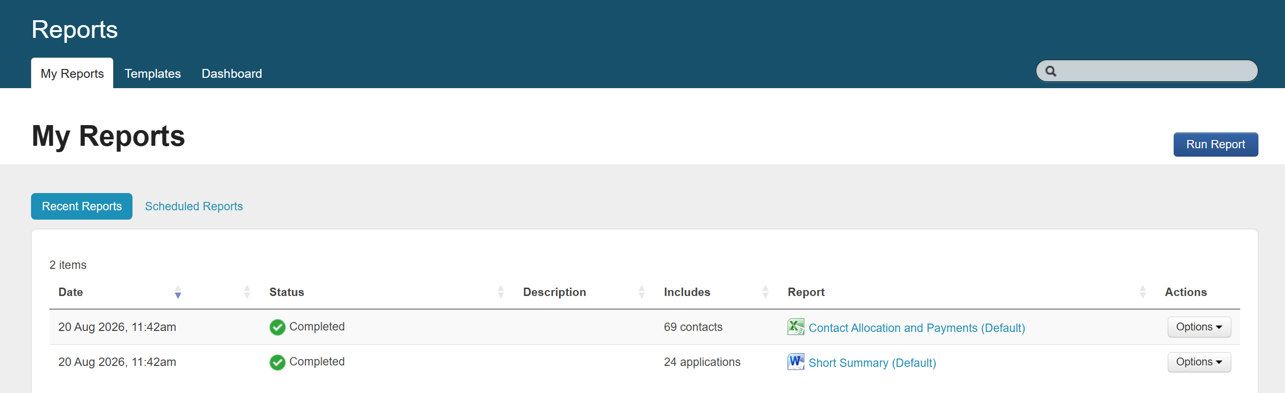 System view of the Reports page, My Reports tab.