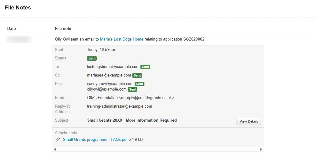 An example email history record from File Notes, under the Contacts tab of an application.