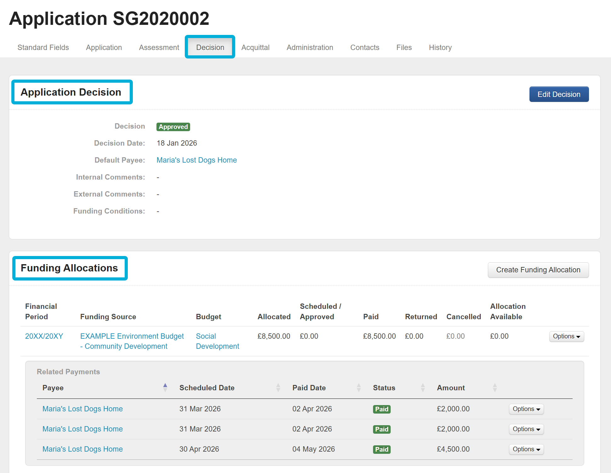 Highlighting the Decision navigation tab, the Application Decision view, and the Funding Allocations view.