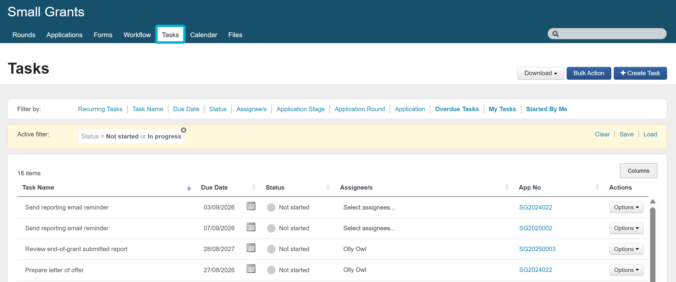 System view of the Tasks tab, accessed from within a program.