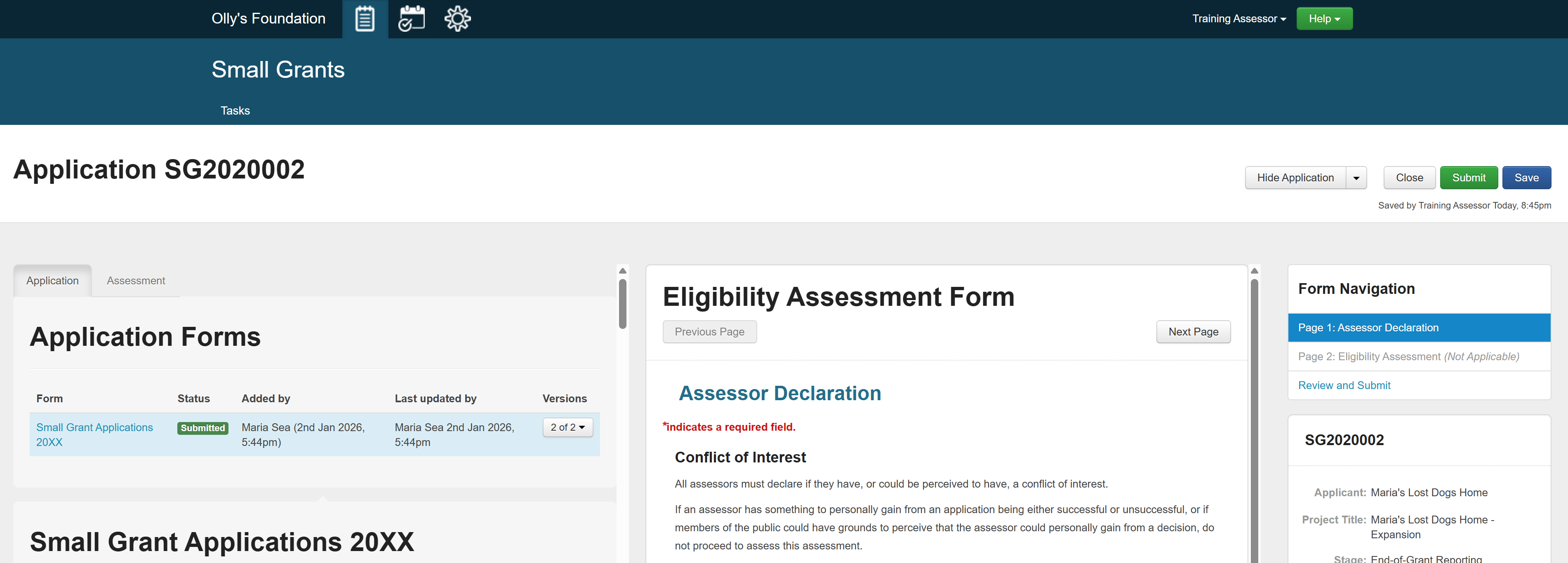 An Assessor Only user's view of an application record. All tabs of the application are missing. Only the original application form and their assessment form are visible.