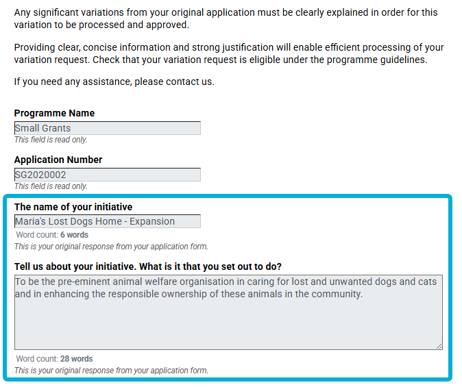 A variations form showing the same original responses from the application form, in read-only view.
