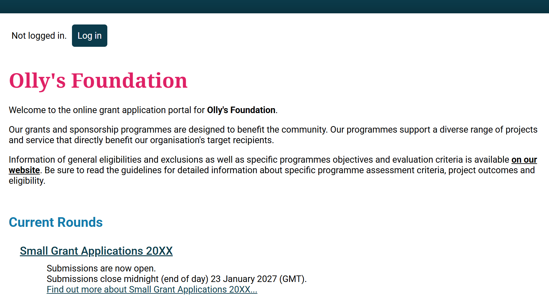 Example applicant site homepage.