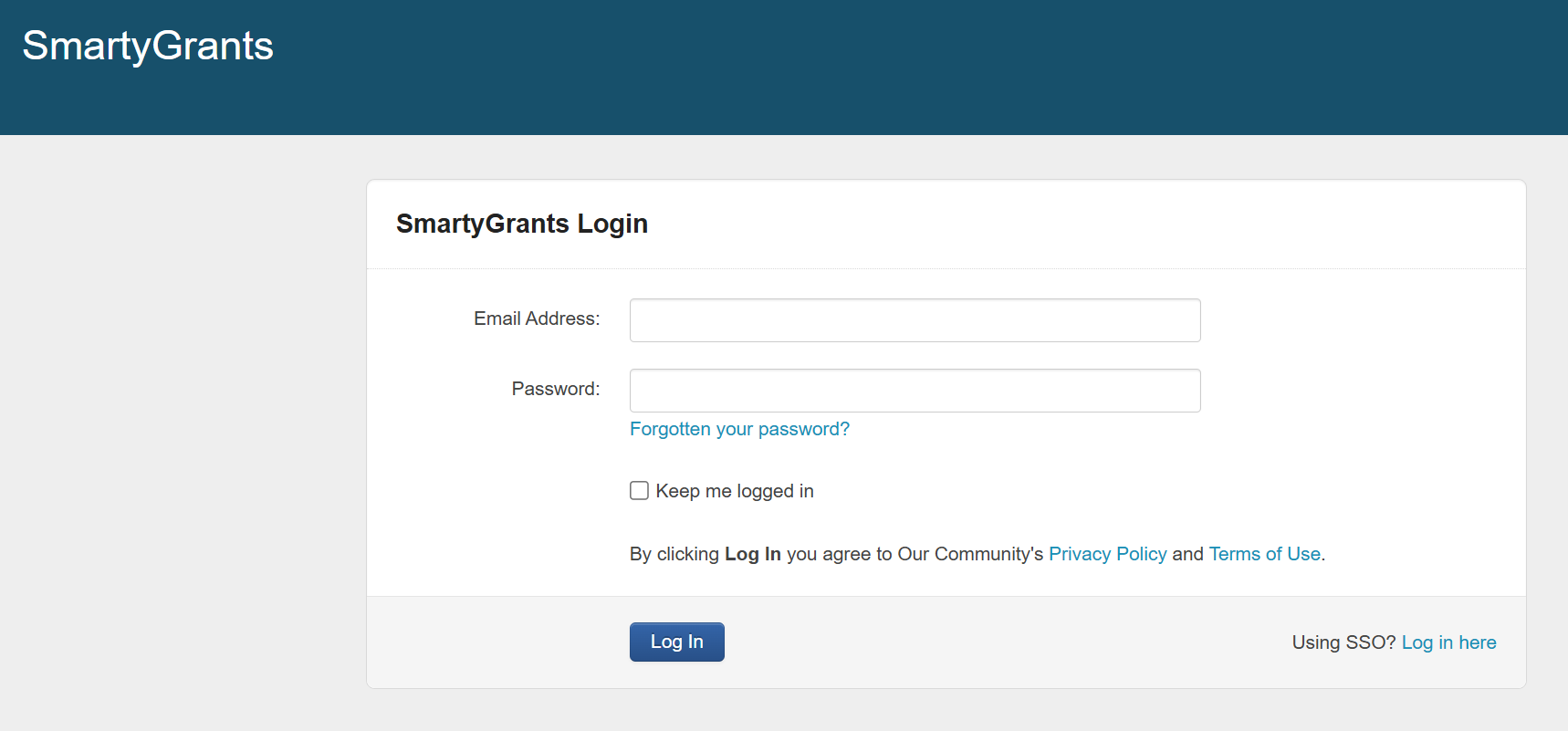 The manage site log in screen.