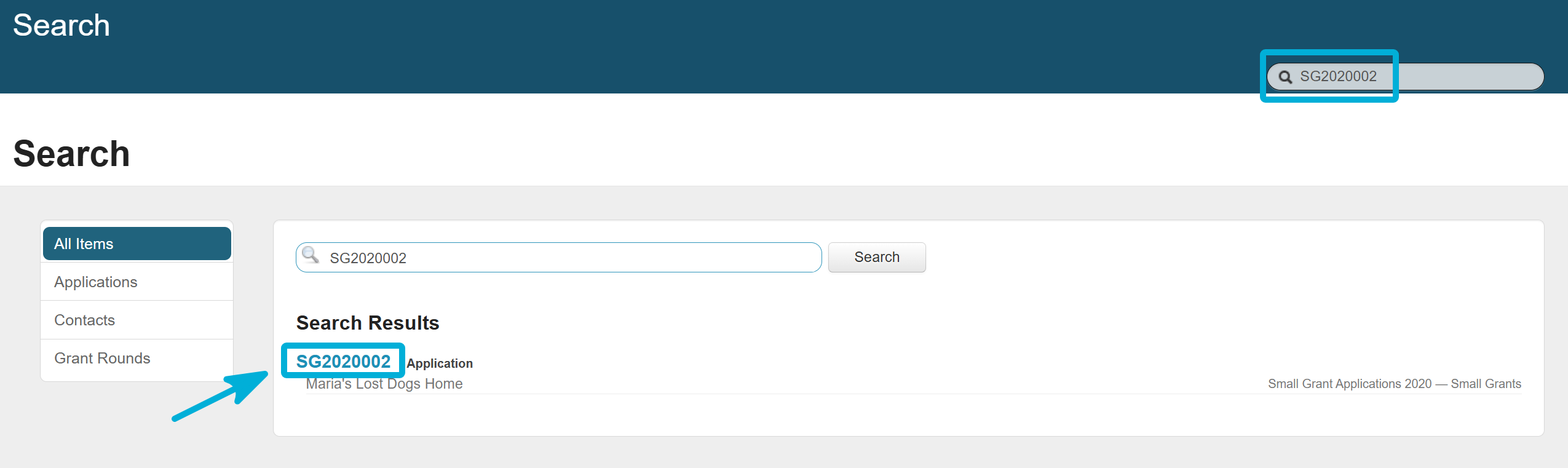 Highlighting the example application SG20200002 from the search results.