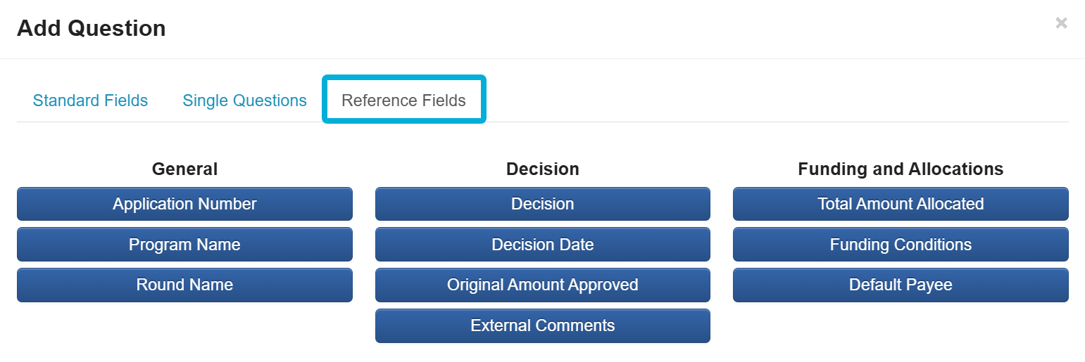 The Add Question window from the form editor, with Reference Fields selected.
