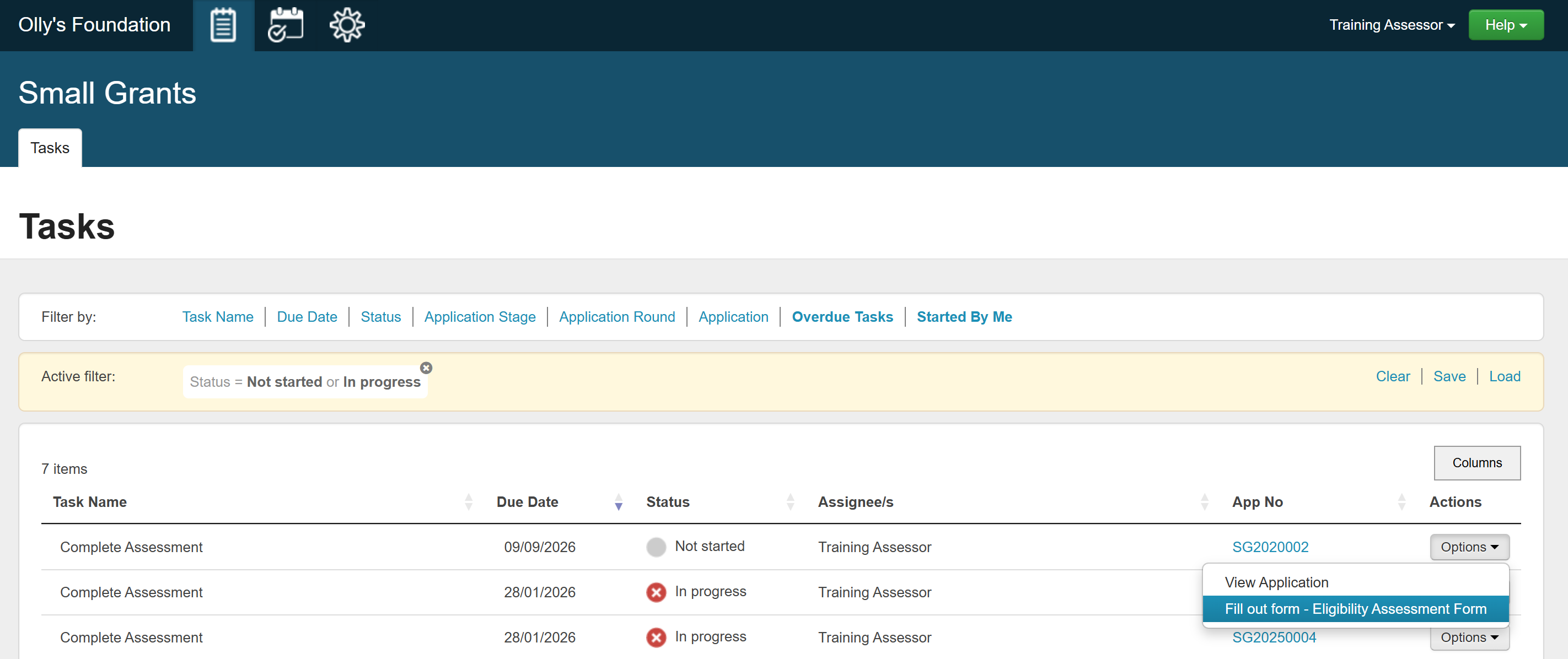 An Assessor Only user's Tasks view. Only tasks assigned to them appear.