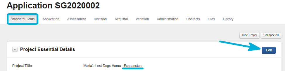 Standard Fields tab of an application record. Highlights a spelling error in one of the fields, and the Edit button.