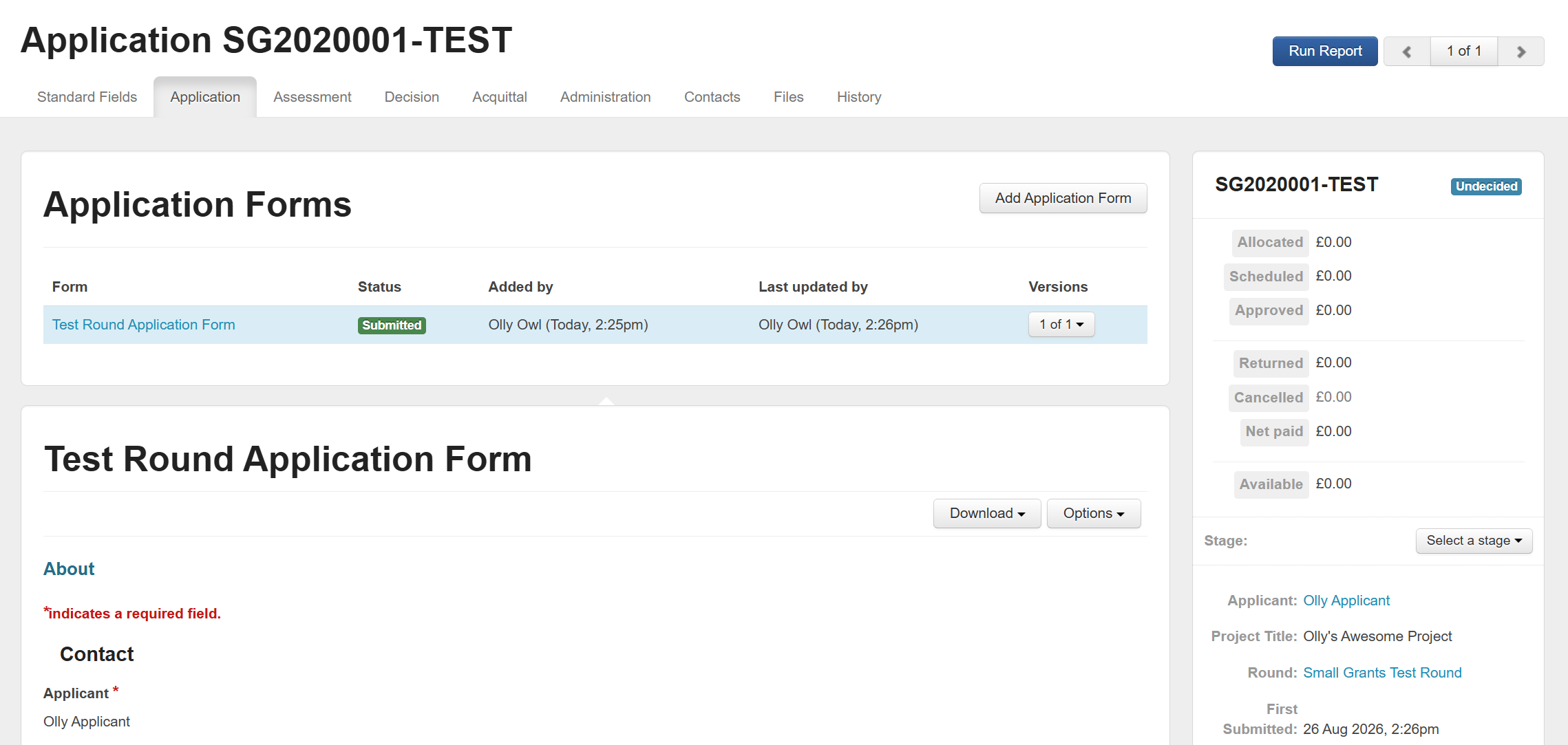An example test application record.