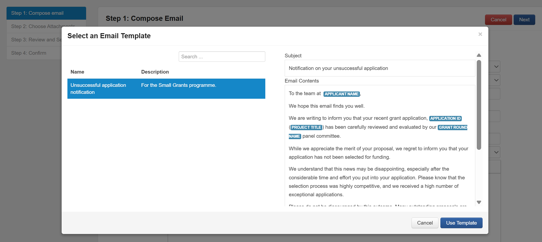 The pop-up window that appears after selecting Insert Template.