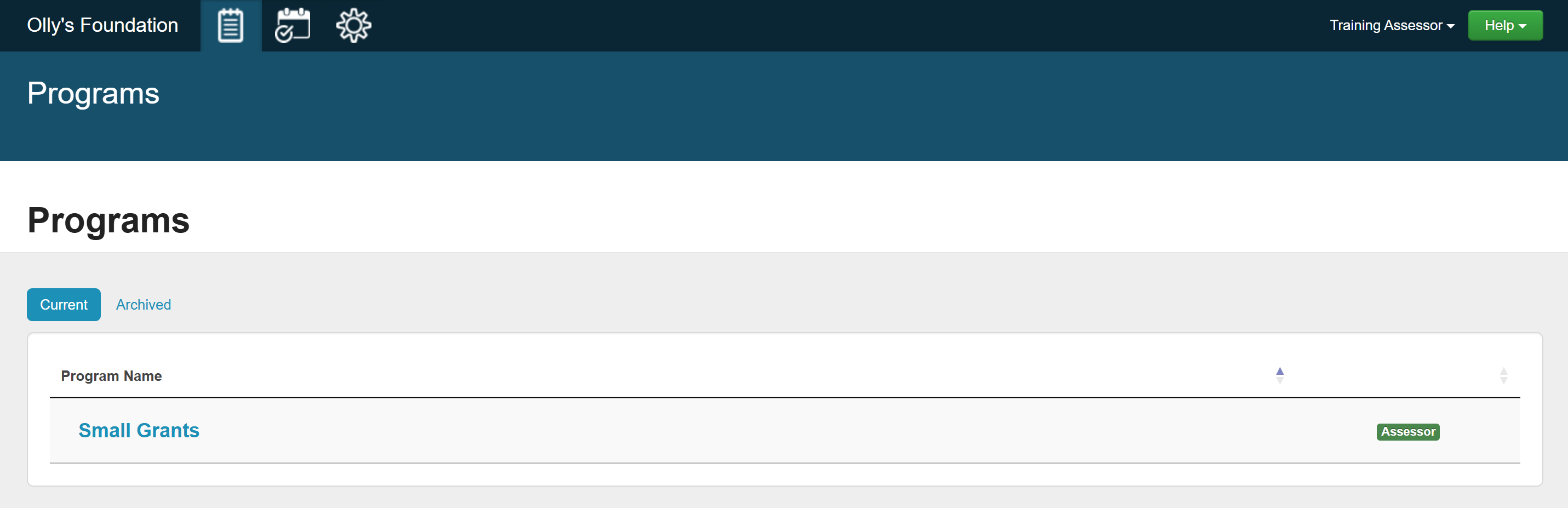 An Assessor Only user's Programs view. Most navigation icons are missing.