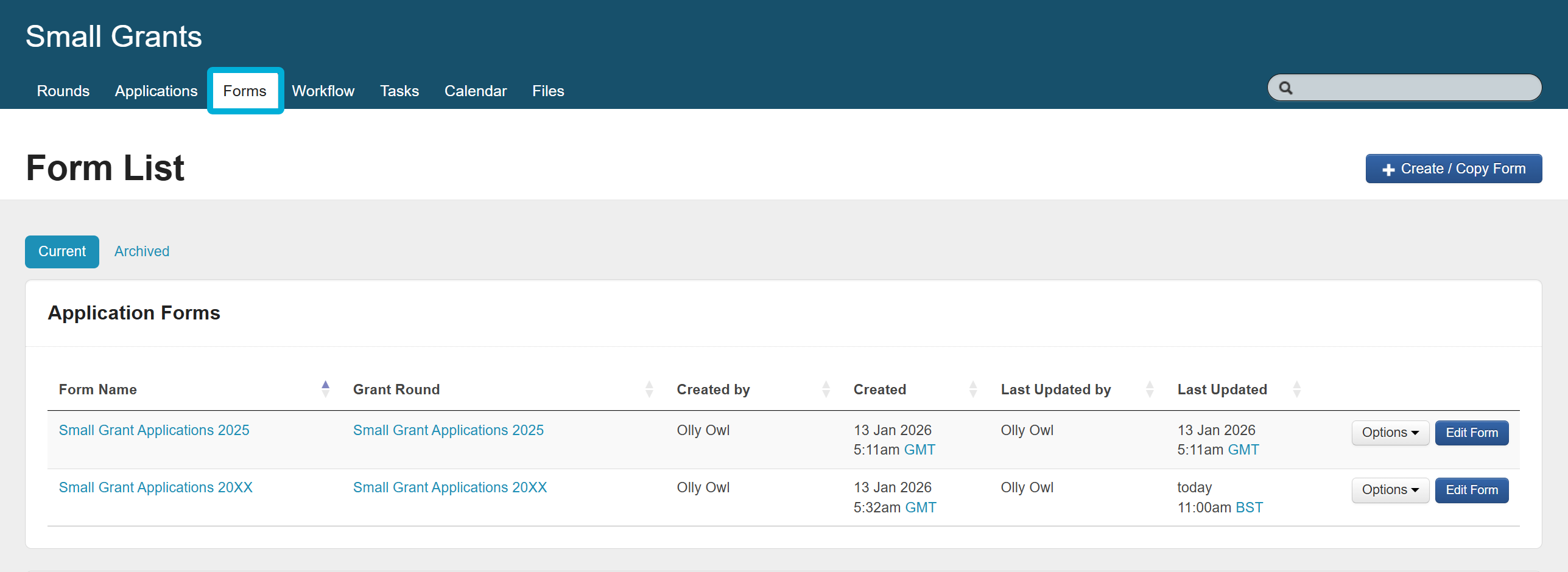 System view of the Forms page.