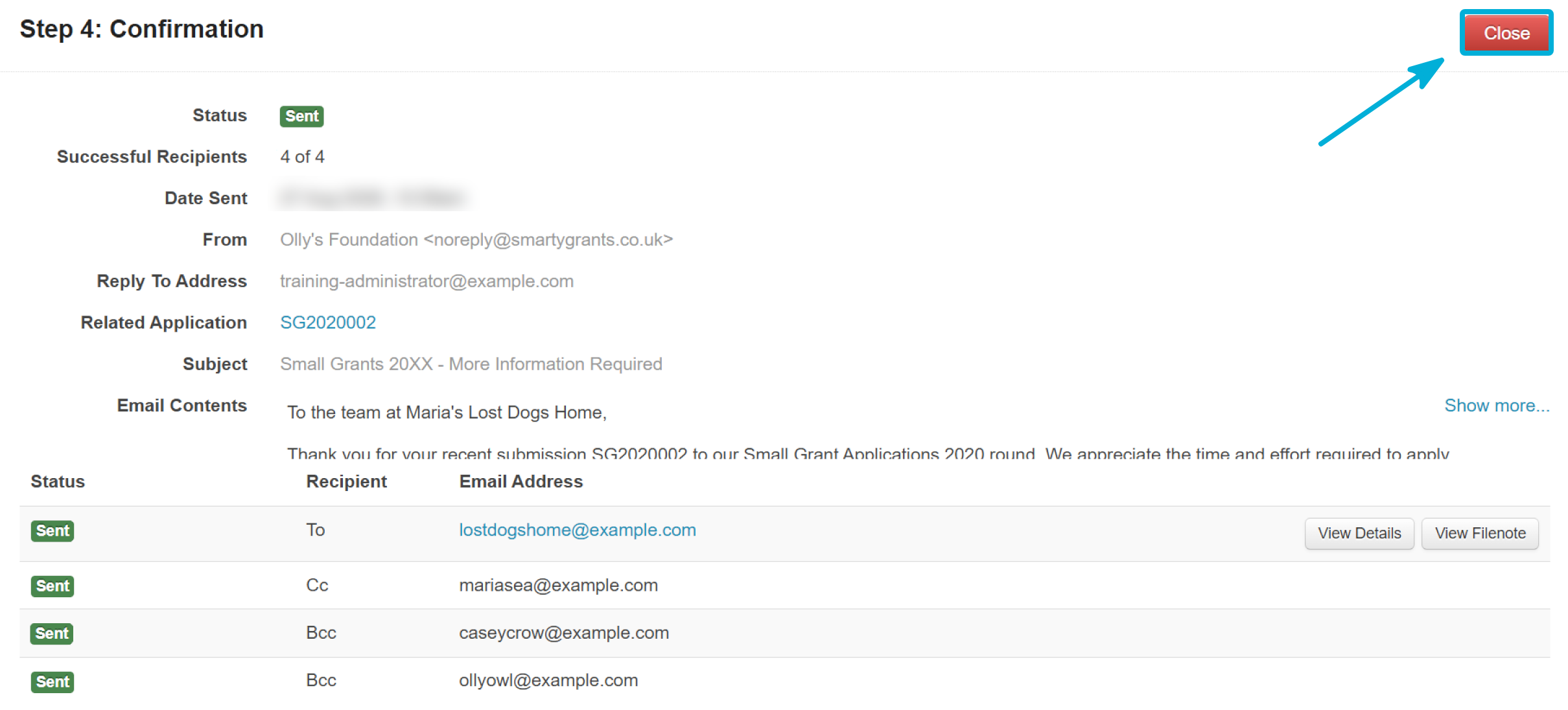 Confirmation step screen now shows 4 emails with the Sent status.