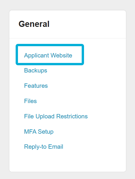 Highlighting the Applicant Website option from the General category in Settings.
