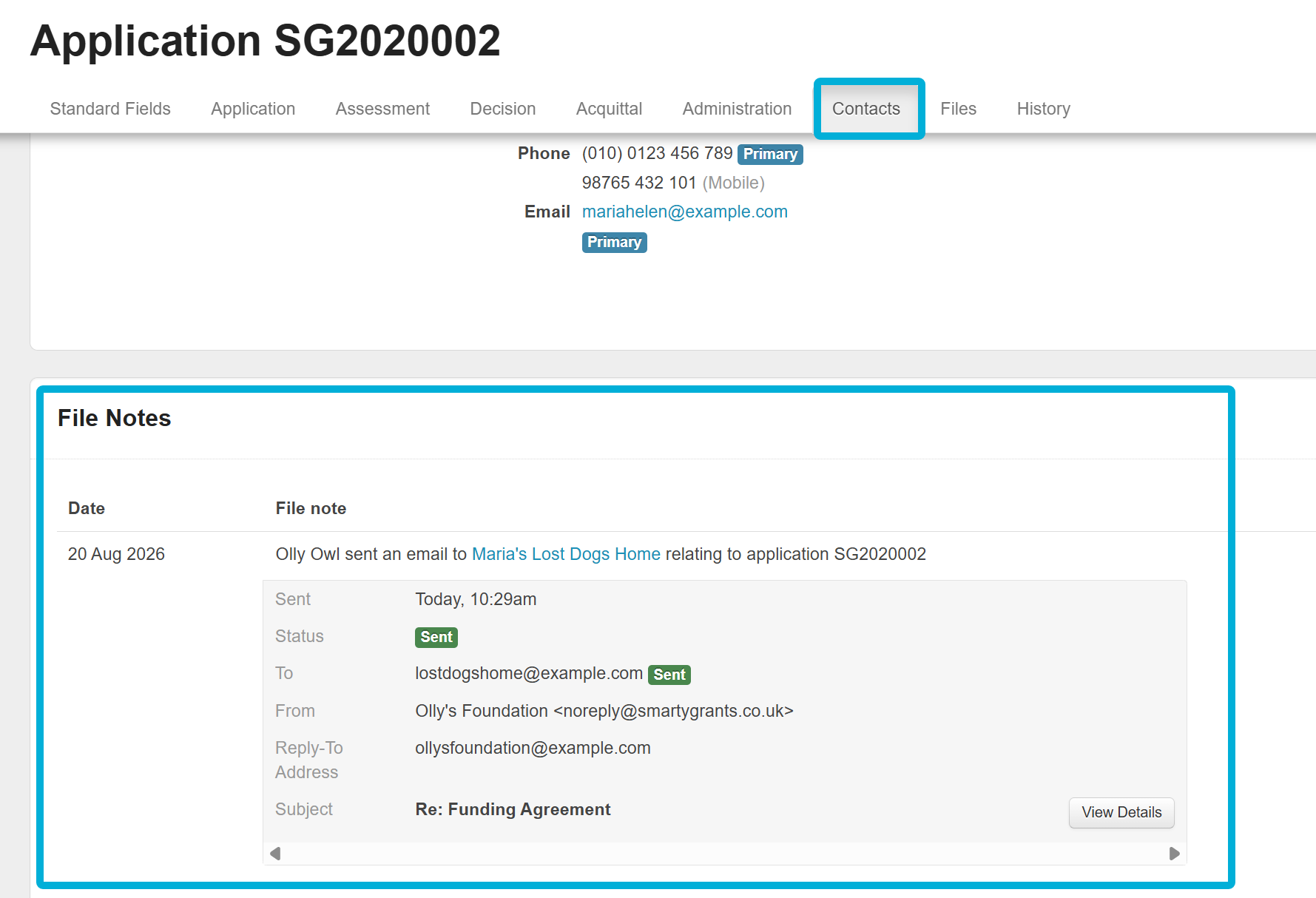 Highlighting the Contacts navigation tab, and the File Notes view.