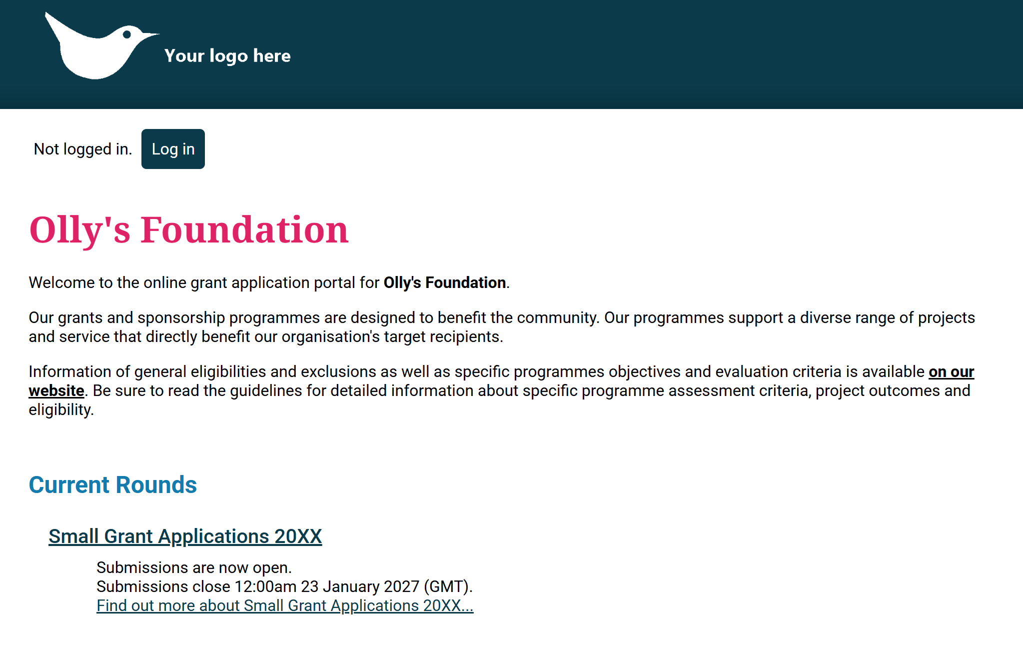 An screenshot of an example applicant site. It shows a site description, the Current Rounds header, and the example 'Small Grants Applications 20XX' as a listed round.