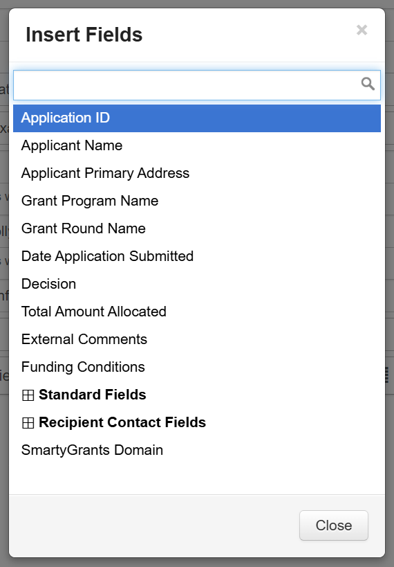 The pop-up window that appears after selecting Insert Fields.
