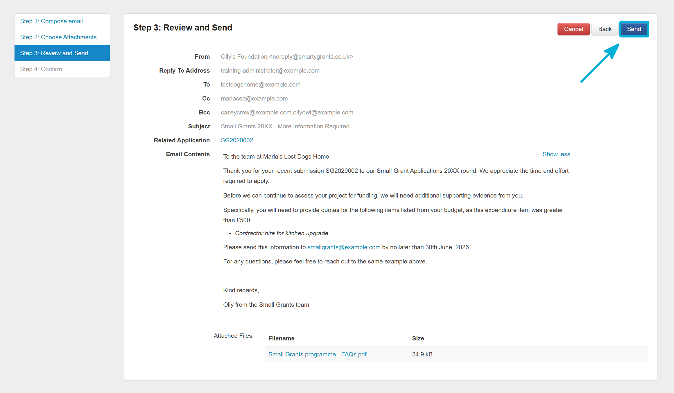 Highlighting Next from the top of the Review and Send step.