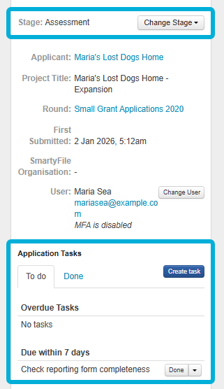 Application sidebar with the Stage and Tasks sections highlighted.