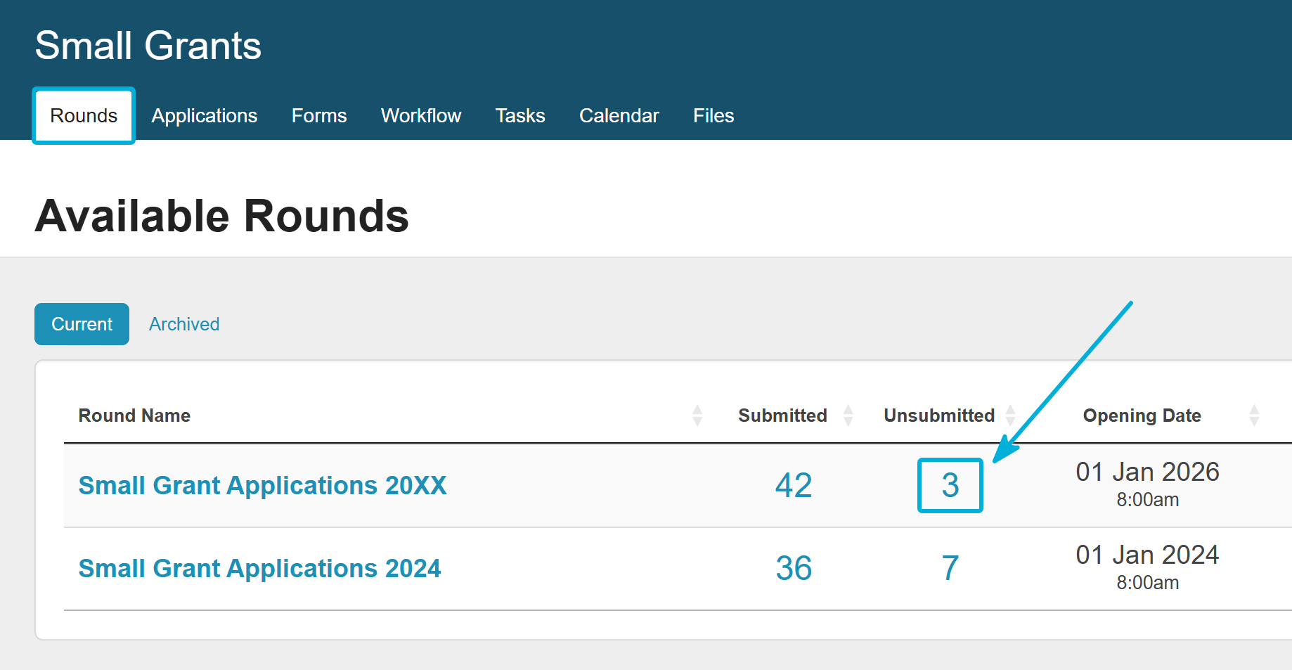 Highlighting the number under Unsubmitted, from the Rounds view.