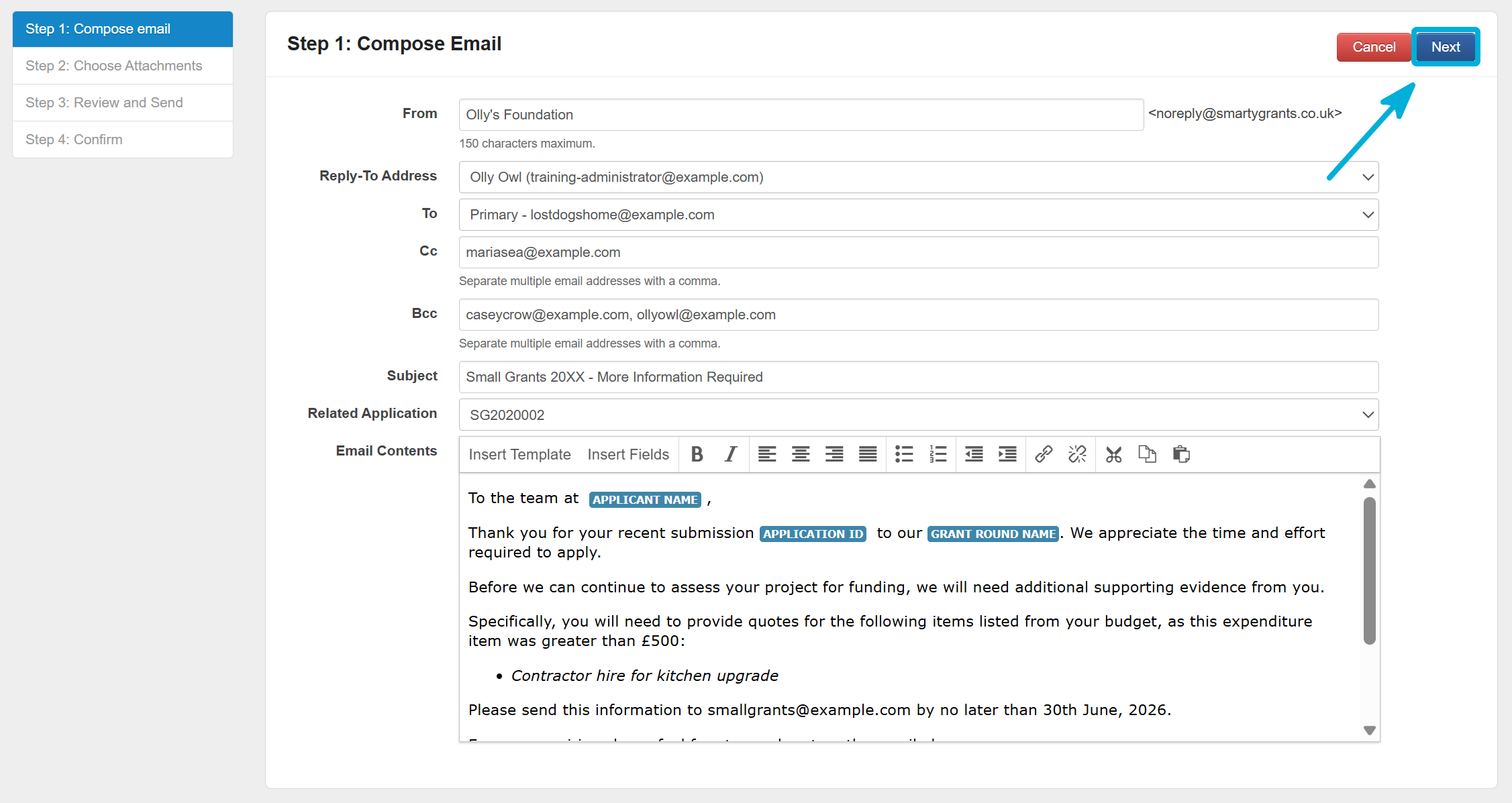 Highlighting Next from the top of the Compose Email step.