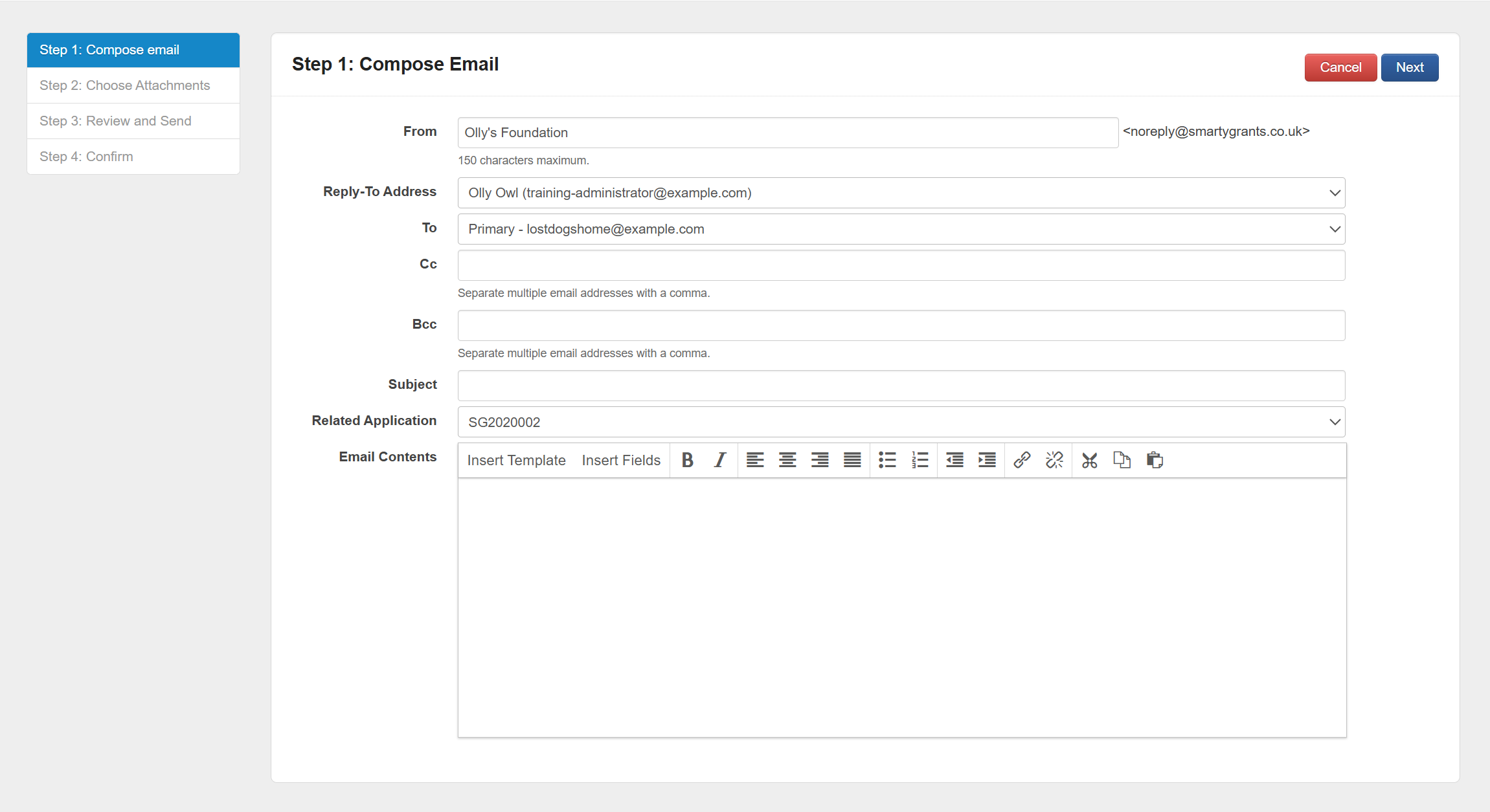 The 'Step 1 - Compose Email' screen.