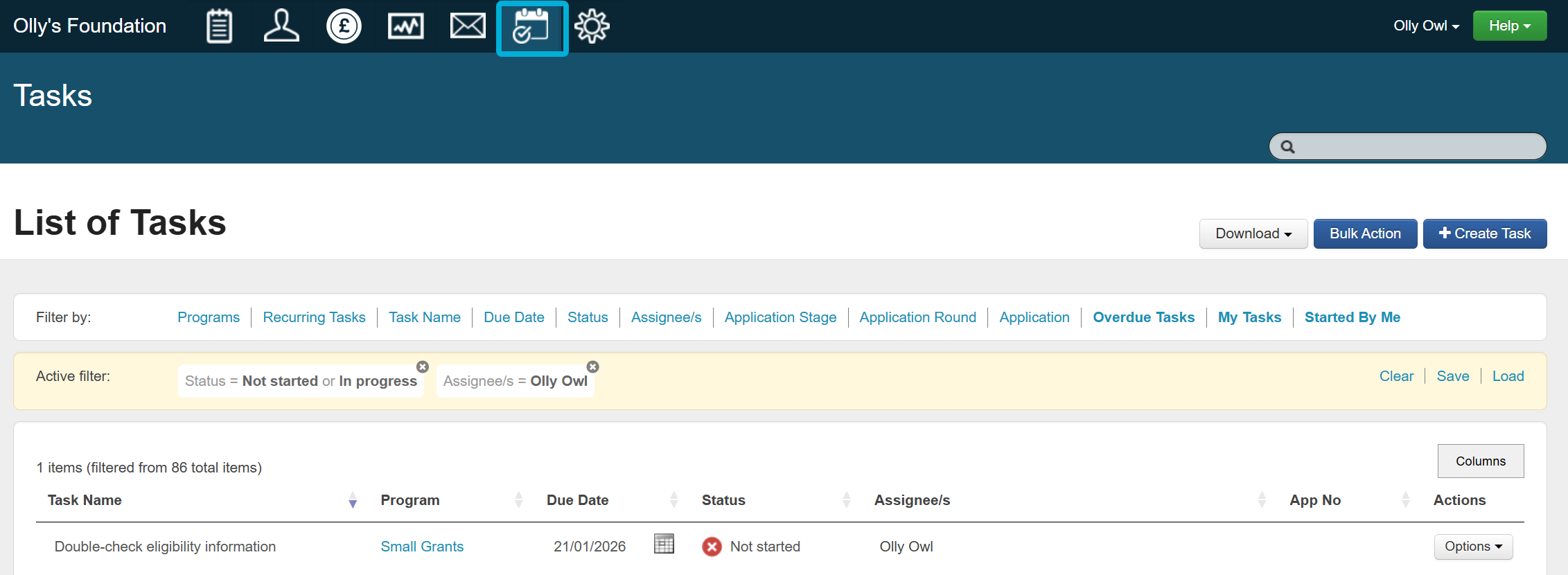 System view of the Tasks tab, accessed from the Tasks icon in the navigation bar.