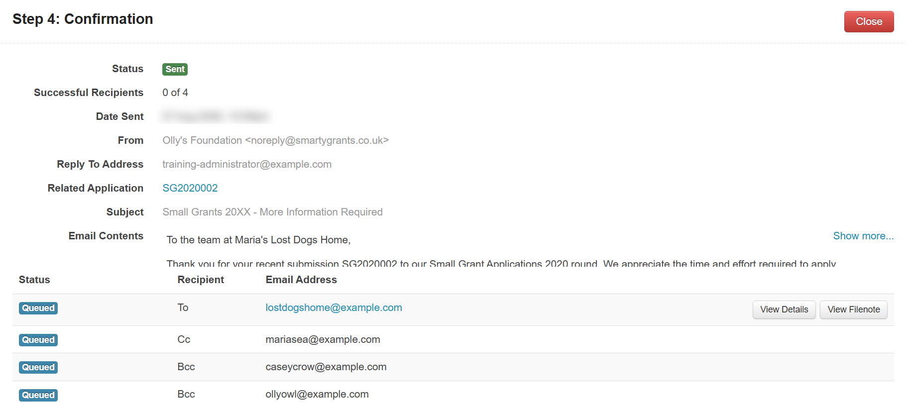 The 'Step 4 - Confirmation' screen. This screen shows 4 emails with the Queued status.