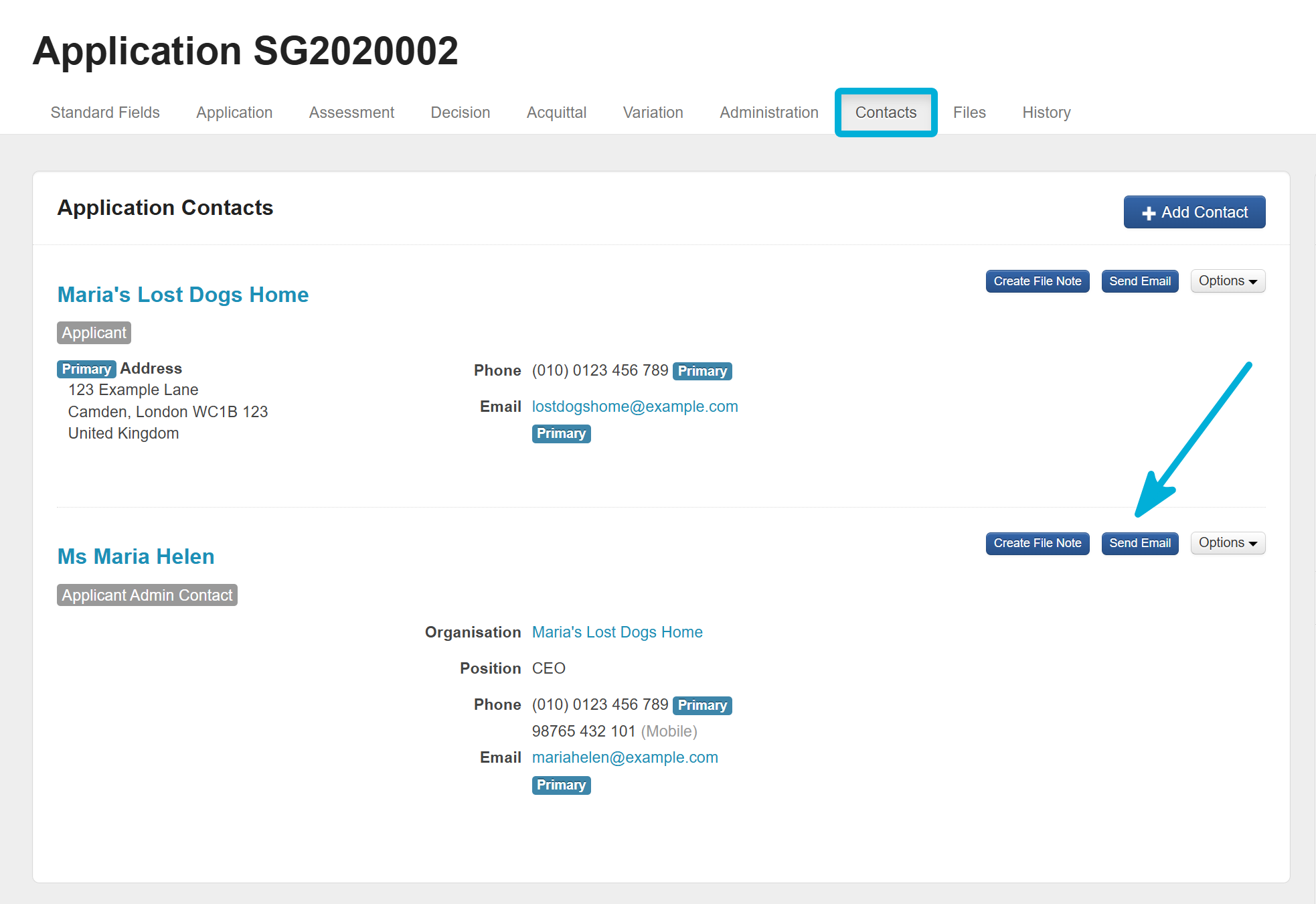 View of the Contact tab on an application, pointing to the Send Email button.