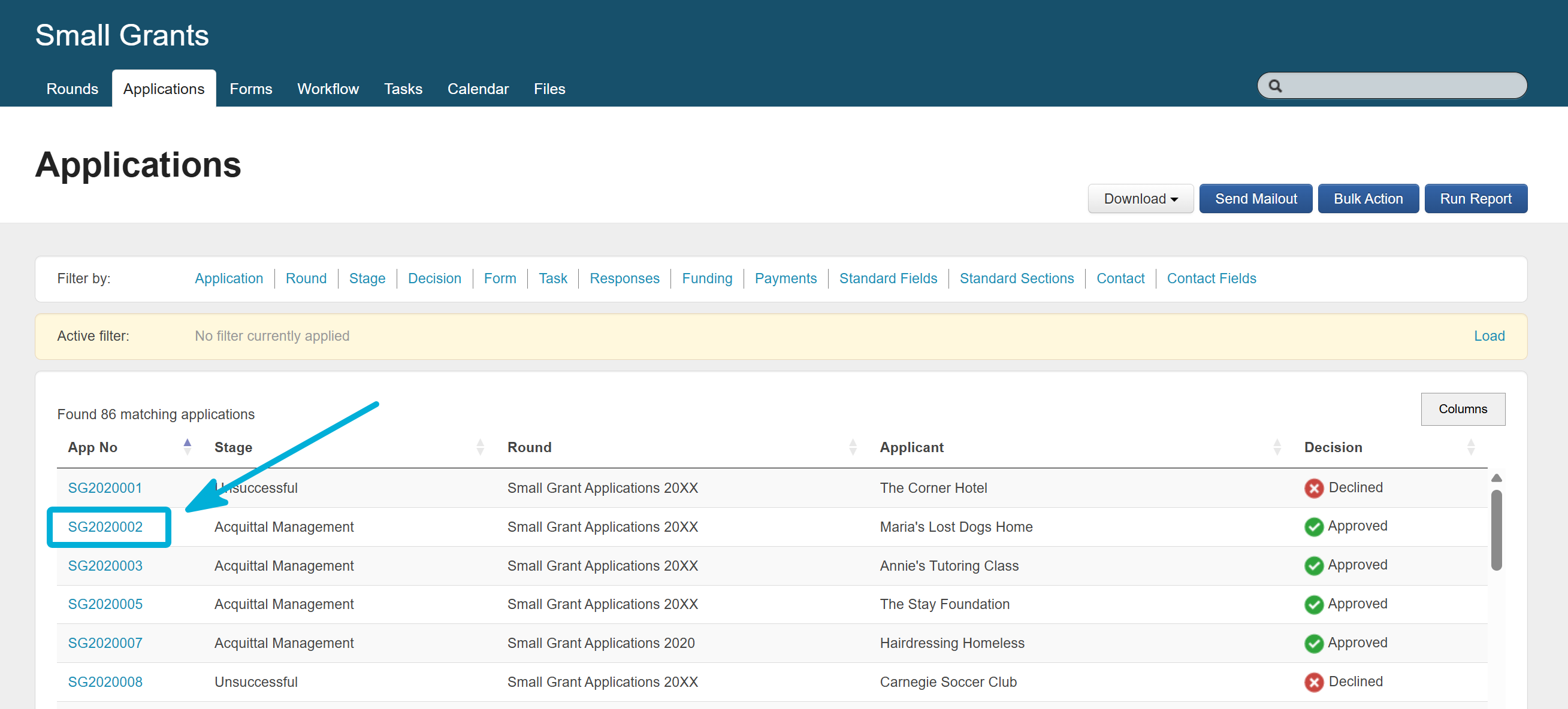 Highlighting the example application SG20200002 from the list of applications.