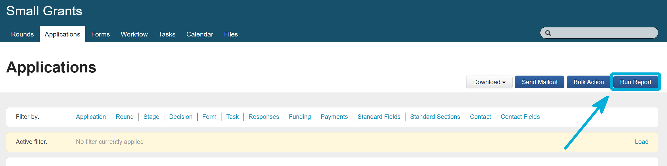 View of the Applications tab, with the Run Report button highlighted.