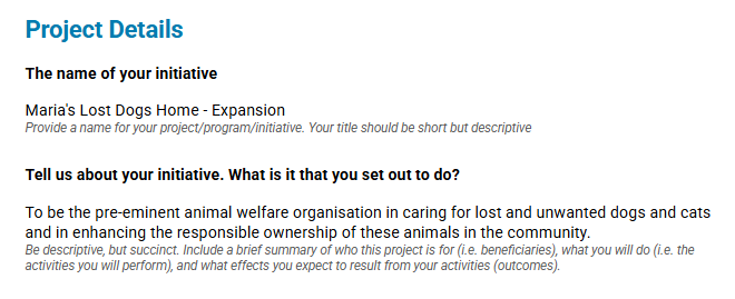An example submitted application form with responses to 'Project Title' and 'Brief Project Description' submitted.